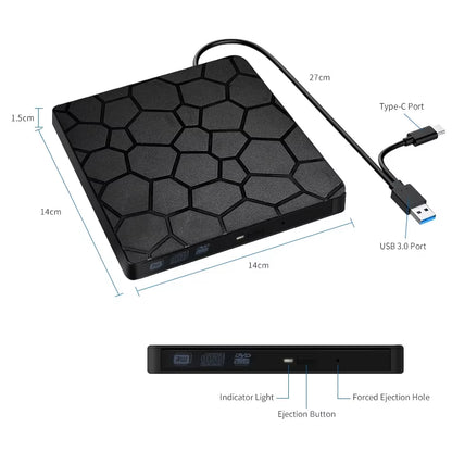 External DVD RW Drive USB 3.0 Type C 2 in 1 Interface Slim DVD CD Writer Burner Reader Player Optical Drive for Laptop PC