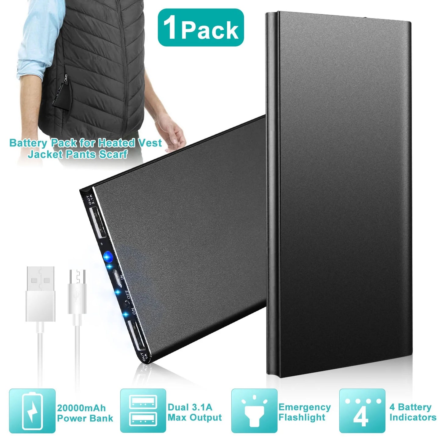 5V 2.1A Power Bank for Heated Vest  20000Mah Battery Pack for Heated Jacket Dual USB Power Bank for Heated Clothing Blanket Gloves for Men Women Black Hot Pink Rose Gold